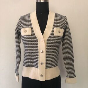 Sandro Cream and Blue Cardigan with Striped Sleeves